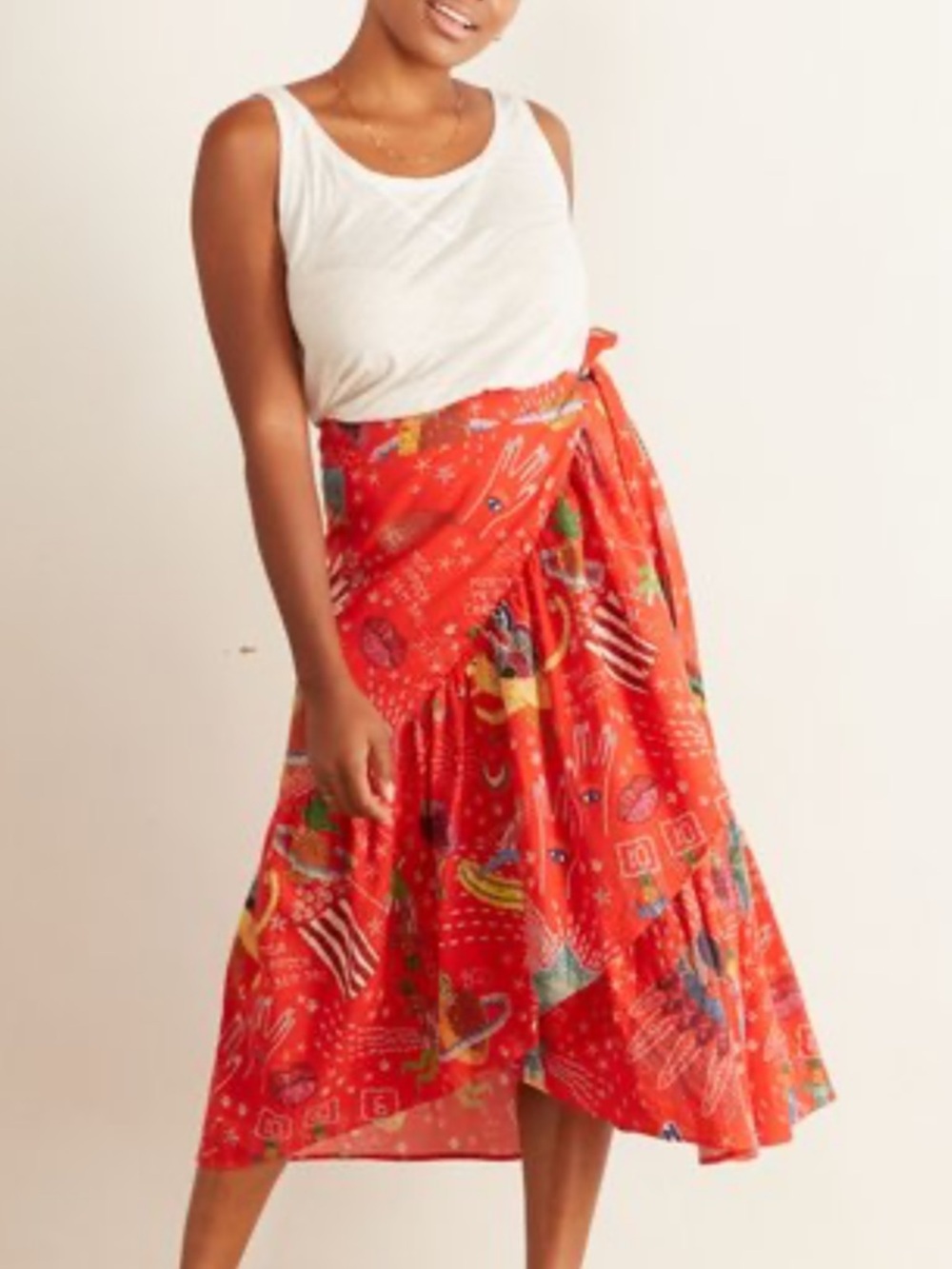 Farm Rio Carnivsl Women's Red Printed Wrap Midi Skirt XS